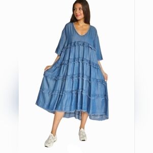 Ursime Tiered Maxi Dress Sz 5XL Blue Short Sleeve Rippled Layered Flowy Blue